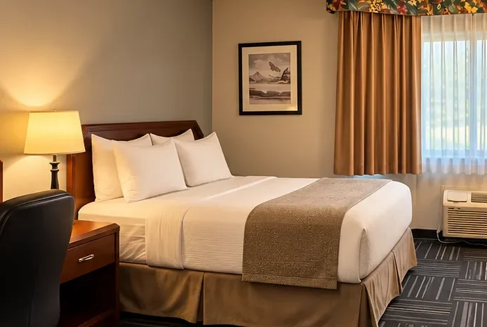 Single Queen Room at Divya Sutra Calgary airport hotel with queen bed, desk and window