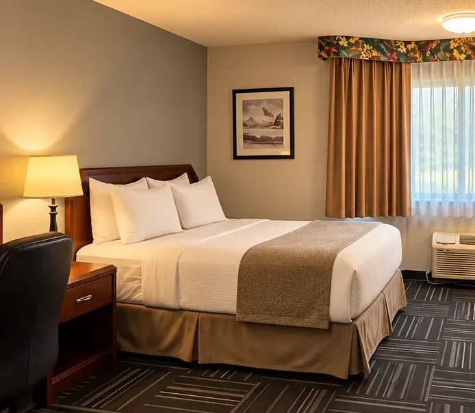 Single Queen Room at Divya Sutra Calgary airport hotel with queen bed, desk and window