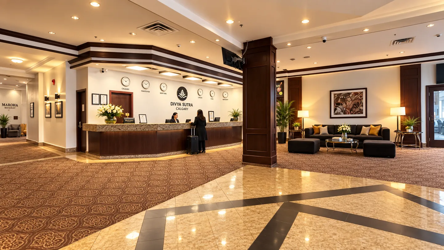 Divya Sutra Calgary hotel lobby with reception desk and seating area