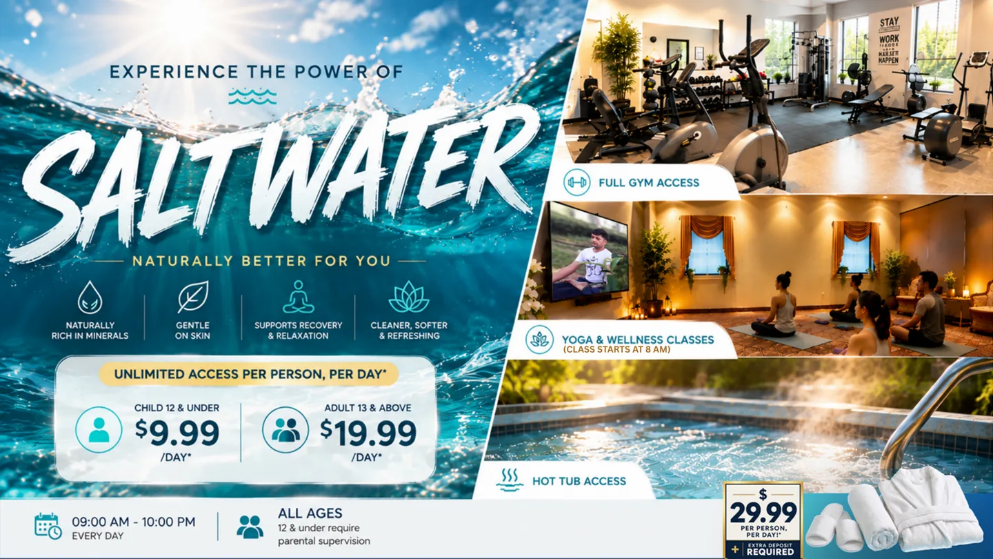 Divya Sutra Calgary wellness package with saltwater pool, hot tub, full gym and yoga classes starting at 8 AM